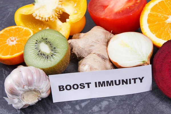 Inscriptie Verhoogt Immuniteit Met Verse Groenten Fruit Bron Natuurlijke Vitaminen — Stockfoto
