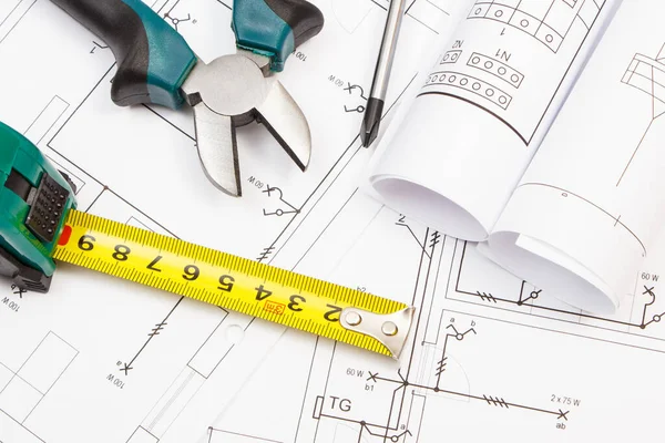 Ferramentas Trabalho Fusível Elétrico Diagramas Plano Com Instalação Elétrica Construção — Fotografia de Stock