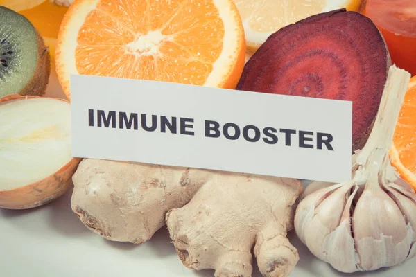 Inscriptie Immuunbooster Vers Rijp Fruit Met Groenten Bron Natuurlijke Gezonde — Stockfoto
