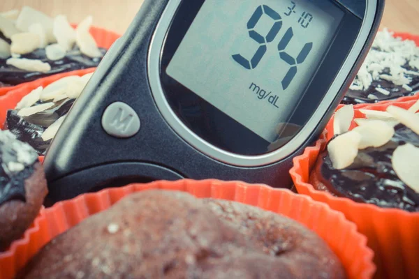 Glucose meter for checking and measuring sugar level and fresh baked chocolate muffins. Diabetes and dessert for different occasions