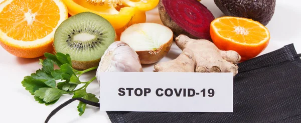 Inscriptie Stop Covid Vers Rijp Gezond Fruit Groenten Met Natuurlijke — Stockfoto