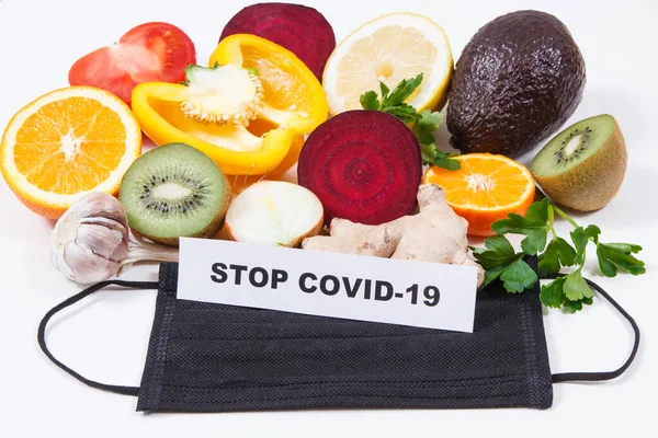 Inscriptie Stop Covid Vers Rijp Gezond Fruit Groenten Met Natuurlijke — Stockfoto