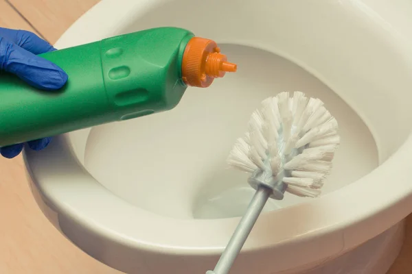 洗澡间清洁马桶的家用洗涤剂及配件 家庭责任概念 — 图库照片