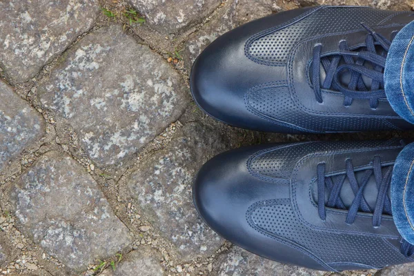 Sapatos Couro Azul Marinho Confortável Para Homens Caminho Feito Pedras — Fotografia de Stock