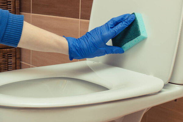 Hand of cleaner using brush for cleaning toilet in bathroom. Household duties concept