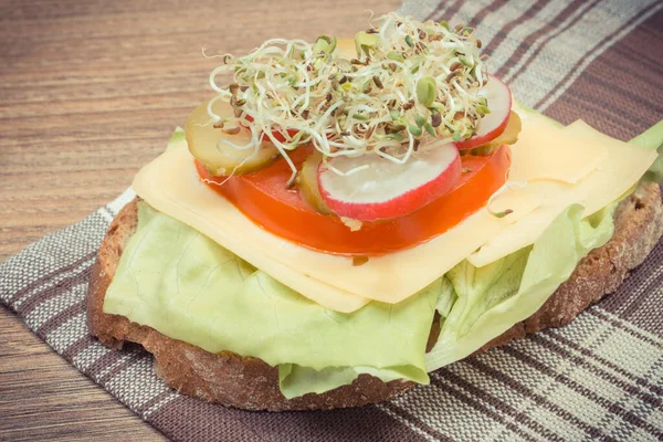 Sandwich Met Volkorenbrood Verse Groenten Gezonde Radijs Spruiten Bron Natuurlijke — Stockfoto