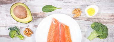 Omega 3 asit, doymamış yağ ve diyet lifleri, sağlıklı beslenme, yaşam tarzı ve asit diyeti konsepti içeren bileşenler