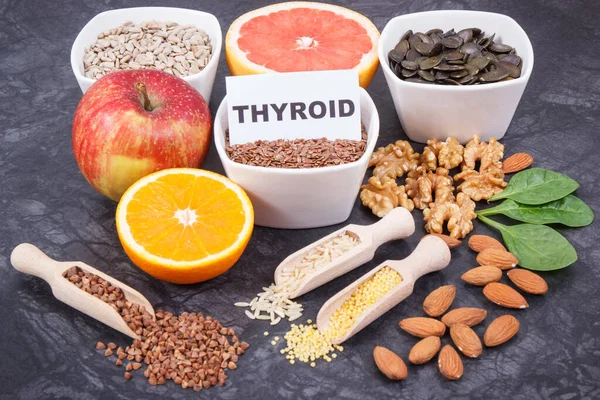 Products and ingredients as source natural vitamins and minerals. Beneficial eating for thyroid gland concept