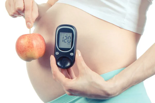 Jahrgangsfoto Schwangere Frau Mit Frischem Apfel Und Glukosemessgerät Mit Ergebnis — Stockfoto