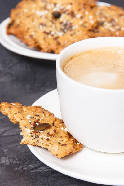 Cup Coffee Fresh Baked Homemade Oatmeal Cookies Honey Different Healthy — Stock Photo, Image