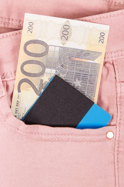 Geld Creditcard Broekzak Van Roze Broek Financierings Bankconcept — Stockfoto