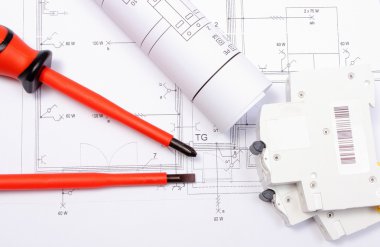 Elektrik şemaları, elektrikli fünye ve tornavidalar çizim evi inşaatı