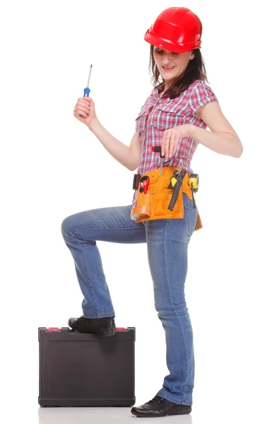 Konstruktor kobieta z narzędziami na białym tle — Zdjęcie stockowe