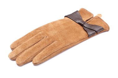 portre deri süet eldiven kadın için. Beyaz arka plan