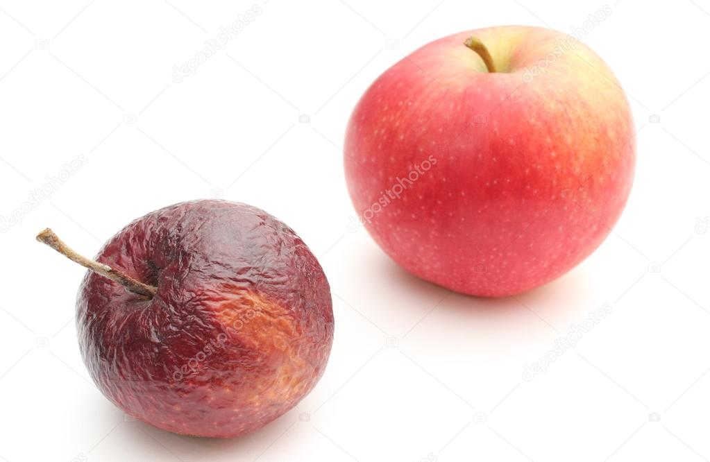 Fresh and wrinkled apples on white background