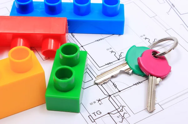 Inicio llaves y bloques de construcción en la construcción de dibujo de la casa — Foto de Stock