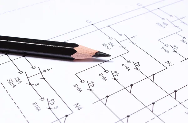 Pencil on electrical diagrams — Stock Photo, Image