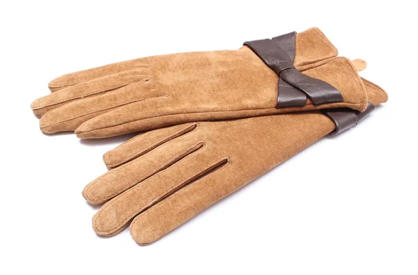 Pair of leather suede gloves for woman. White background — Stock Photo, Image