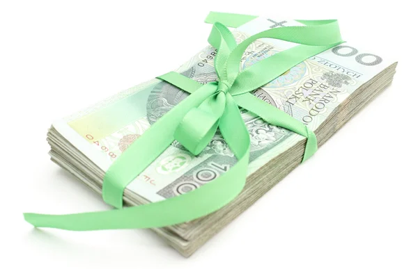 Banknotenstapel mit grünem Band, isoliert auf weißem Hintergrund — Stockfoto