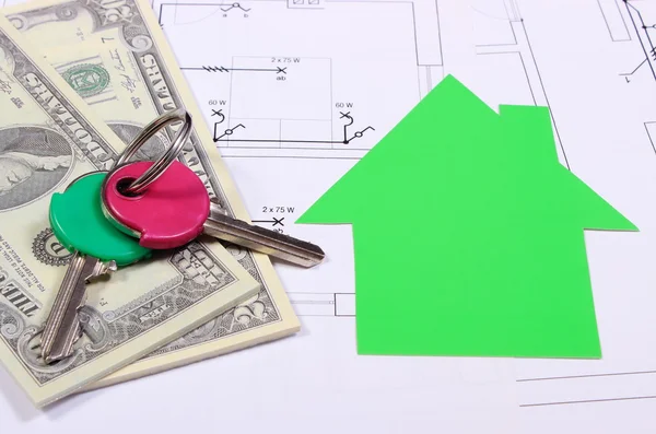 은행권, 녹색 종이와 집의 그림에 키 홈 — 스톡 사진