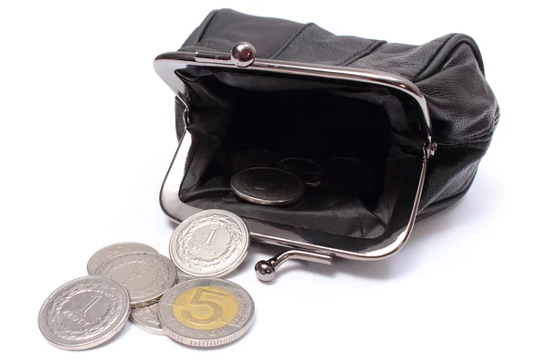Black leather purse with coins. White background Royalty Free Stock Photos