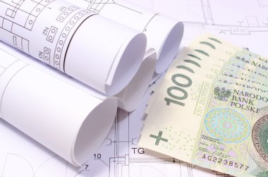 Elektrik şemaları üzerinde İnşaat çizim ev ve para haddelenmiş