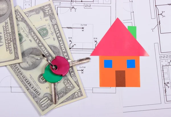Banknotes, home of colored paper and keys on drawing of house — Stock Photo, Image