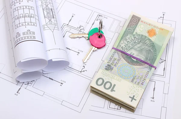 Heap of banknotes, keys and electrical diagrams on drawing of house — Stock Photo, Image