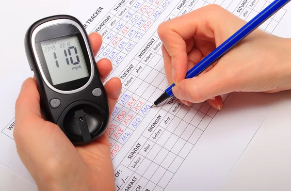 Hand of woman writing data from glucometer to medical form — Stock Photo, Image