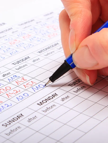 Hand of woman writing data to medical form — Stock Photo, Image