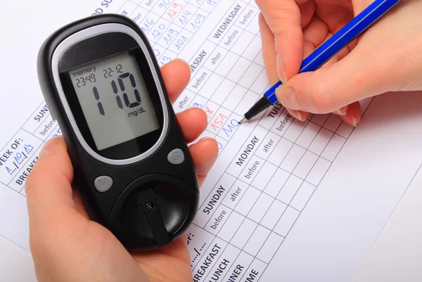 Hand of woman writing data from glucometer to medical form — Stock Photo, Image