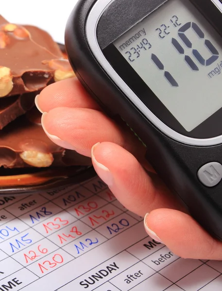 Glucometer in hand and portion of chocolate on medical form — Stock Photo, Image