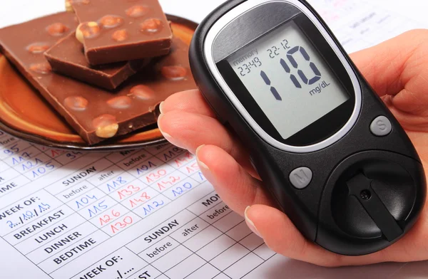 Glucometer in hand and portion of chocolate on medical form — Stock Photo, Image