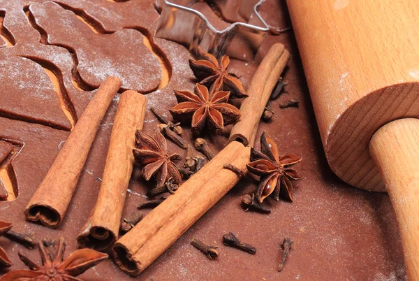 Spice en accessoires voor het bakken op deeg voor peperkoek — Stockfoto