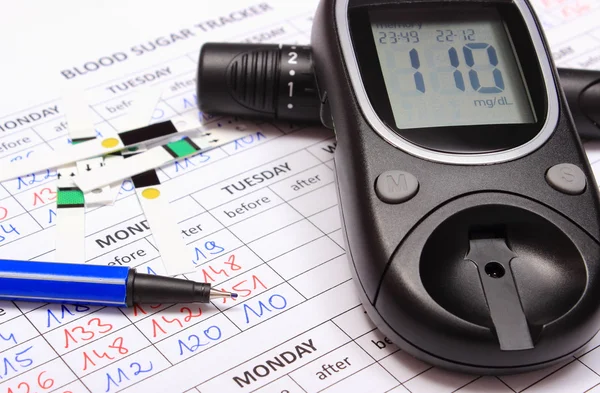Glucometer and accessories for measurement on medical forms for diabetes — Stock Photo, Image