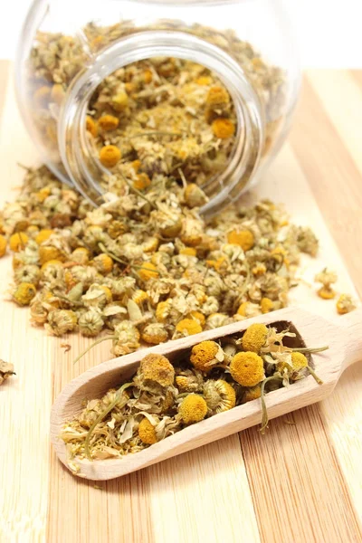 Dried chamomile in glass jar and on wooden spoon — Stock Photo, Image