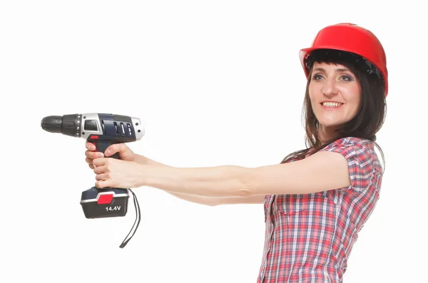 Vrouw met elektrische schroevendraaier in handen — Stockfoto