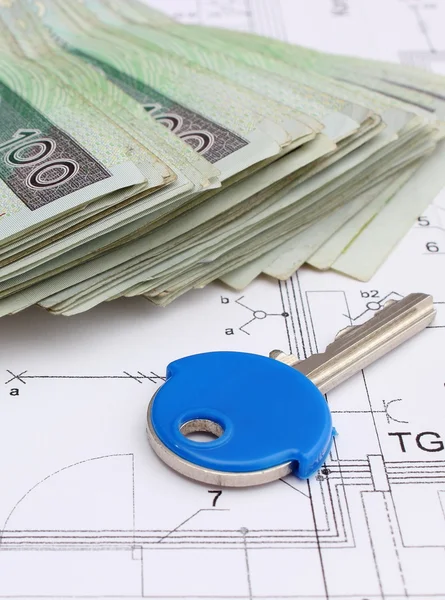 Money with key lying on the housing plan — Stock Photo, Image