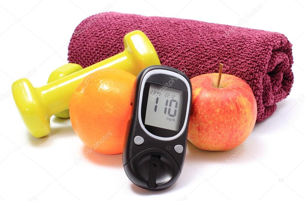 Glucometer, fresh fruits and dumbbells with purple towel