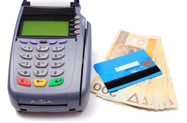 Betalningsterminal med kreditkort och pengar på vit bakgrund — Stockfoto