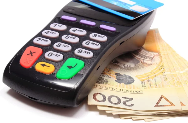 Betalning terminal med kontaktlösa kreditkort och pengar — Stockfoto
