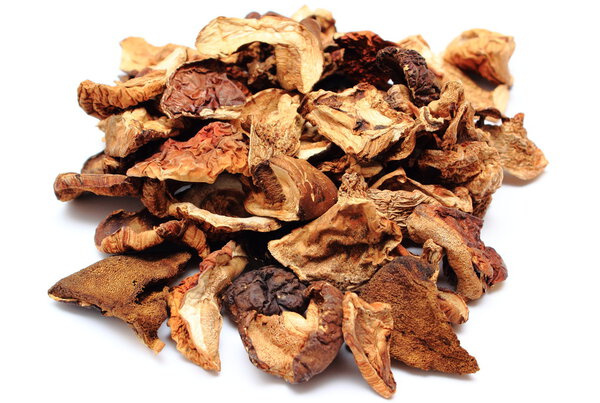 Heap of dried mushrooms on white background
