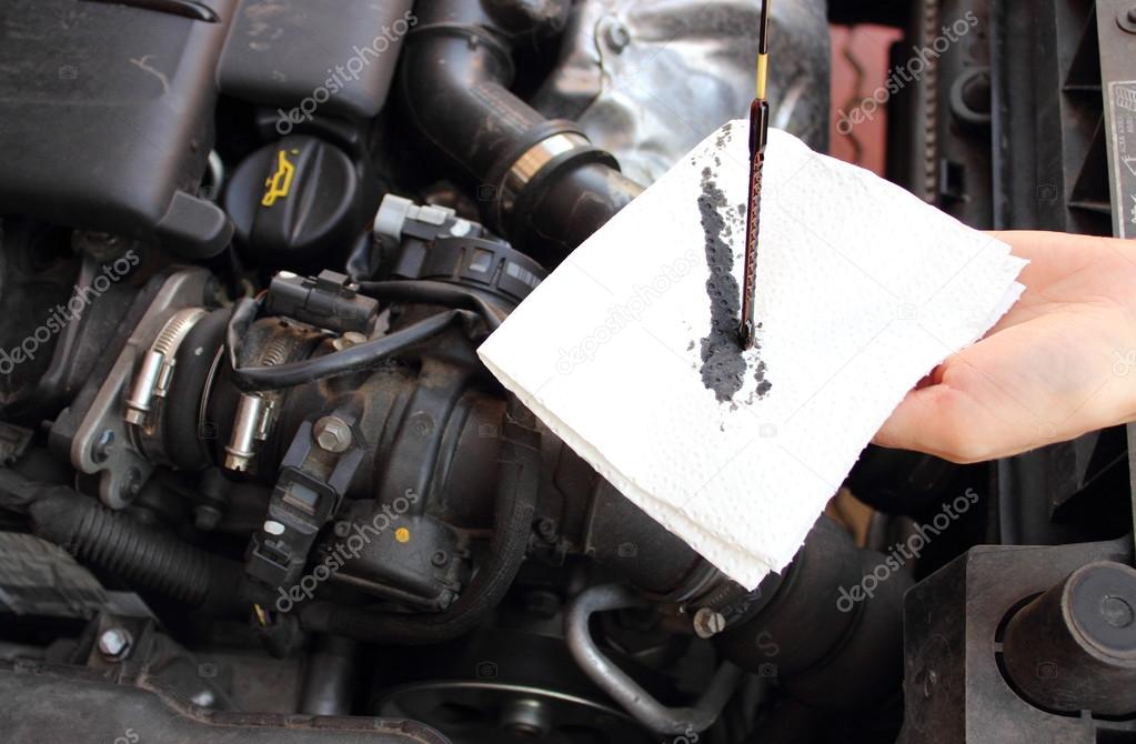 Auto mechanic checks the oil level