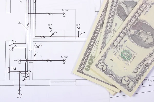 Heap of banknotes on construction drawing of house — Stock Photo, Image