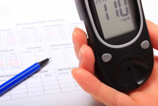 Hand of woman with glucometer and medical form — Stock Photo, Image