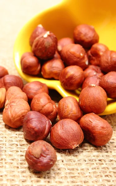 Hazelnut pouring out of yellow cup on jute canvas — Stock Photo, Image