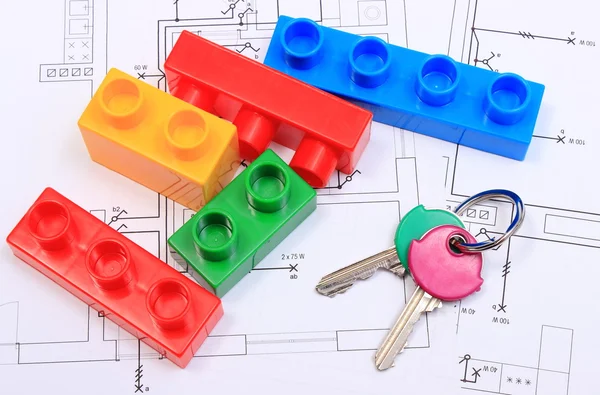 Inicio llaves y bloques de construcción en la construcción de dibujo de la casa — Foto de Stock