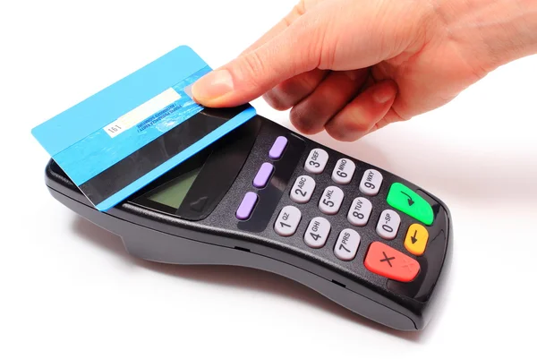 Hand of woman paying with contactless credit card, NFC technology — Stock Photo, Image