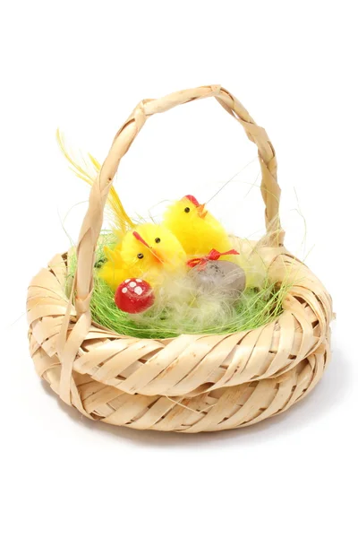 Easter chickens in wicker basket on white background — Stock Photo, Image