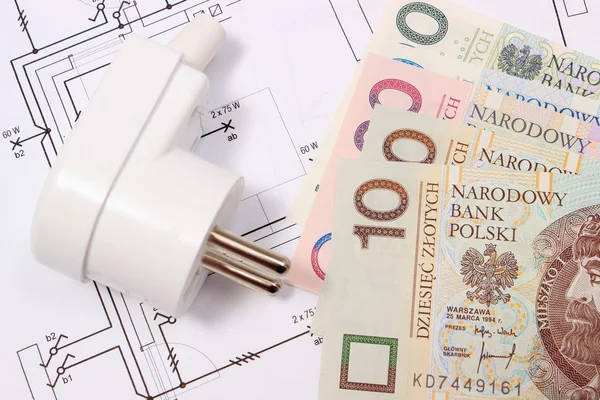 Stekker en geld op elektrische tekening, energieconcept — Stockfoto